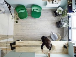 An aerial view of a home office being built in a studio