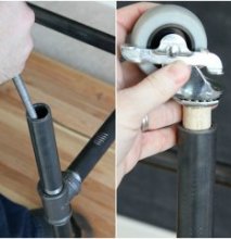 Filing the Pipe and Attaching the Casters Filing the inside of the pipe legs of a DIY industrial-style workbench and attaching the casters