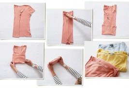 Here’s the basic KonMari vertical fold, which can be applied to everything from T-shirts to stockings. First, make a long rectangle, and then fold from the bottom up into a little package.