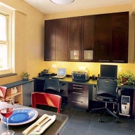 side-by-side desks in kitchen nook