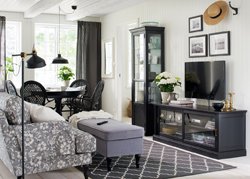 Traditional living room in black and white with a TV bench with sliding glass doors.