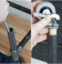 Filing the inside of the pipe legs of a DIY industrial-style workbench and attaching the casters